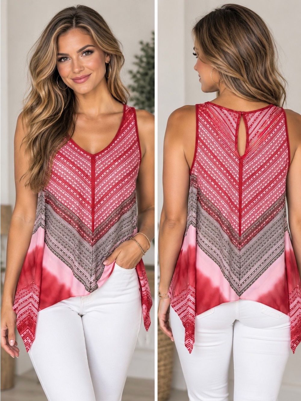 DKNY Jeans Geometric Print Handkerchief Hem Tank Top - Large